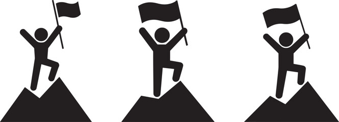 Three stylized figures celebrating victory atop mountains. Simple black and white graphic of three figures reaching the peak of a mountain, each holding a flag aloft.