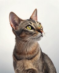 Close-up portrait of a curious tabby cat with yellow eyes looking upward against a plain white background.