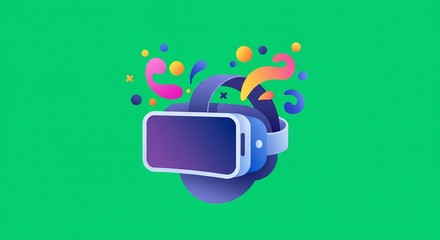 Virtual Reality Headset with Colorful Abstract Shapes on Green Background
