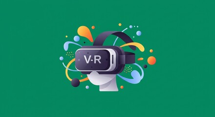 Virtual Reality Headset with Colorful Splashes on Green Background