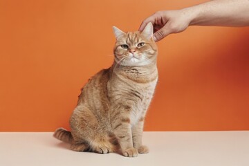 A ginger tabby cat sits calmly on a white surface while a hand gently pets behind its ear against an orange background.