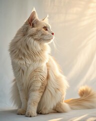 A fluffy cream-colored cat with amber eyes sits gracefully, bathed in warm sunlight against a soft neutral background.