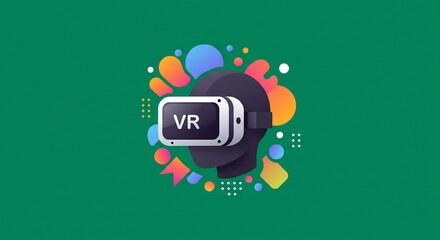 VR Headset on Head, Green Background with Colorful Abstract Shapes