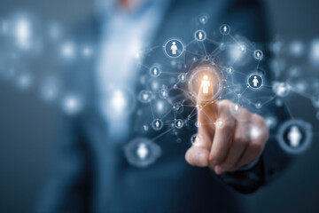 Customer relationship management or CRM concept. Businessman showing Customer relationship community online network technology. Global customer service system build brand loyalty. Digital business