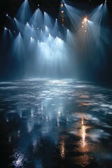 Obraz premium Moody Blue Fog Stage with Reflective Water and Dramatic Lighting