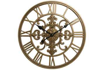 Vintage golden timepiece displaying intricate roman numerals, gleaming with elegant metallic details against transparent backdrop