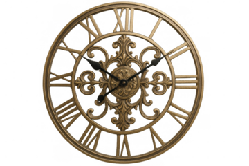 Vintage golden timepiece displaying intricate roman numerals, gleaming with elegant metallic details against transparent backdrop