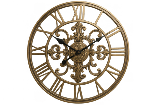 Vintage golden timepiece displaying intricate roman numerals, gleaming with elegant metallic details against transparent backdrop
