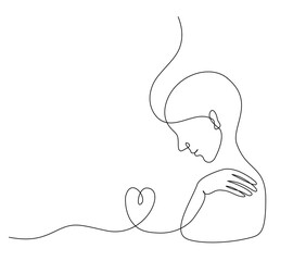 Continuous line art of a person with heart symbol in mental health concept, editable stroke.