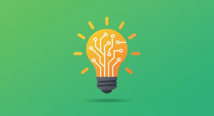 Yellow Lightbulb with Circuit Board Design on Green Background
