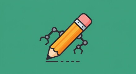 Yellow Pencil with Robotic Legs Drawing on Green Background