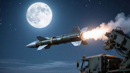Missile launch against backdrop of full moon illuminates the night sky
