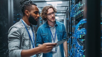 Two It Professionals Analyzing Data in Server Room with Network Equipment