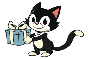 Animated tuxedo cat smiles while holding a gift box decorated with ribbon and bow