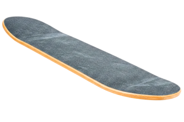 Wooden skateboard deck with a black grip tape surface isolated on a transparent background
