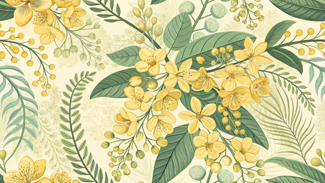 Vector illustration of seamless Cassia fistula pattern. Pastel yellow and green background.