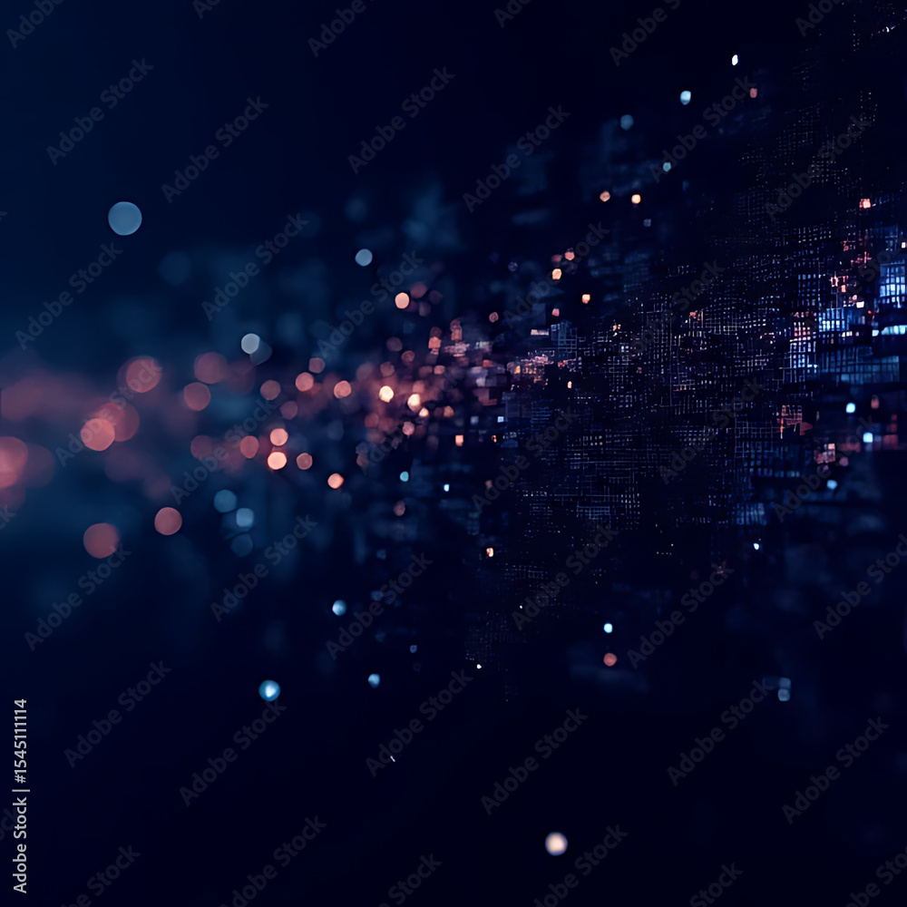 Poster abstract digital data stream with glowing particles and bokeh lights