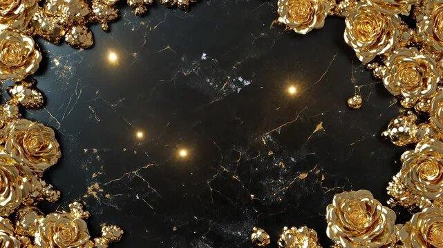 Golden roses frame black marble background with subtle lighting