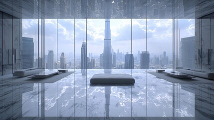 Panoramic city view from a modern, minimalist interior