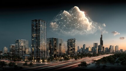 Night City Skyline with Data Cloud Overlay