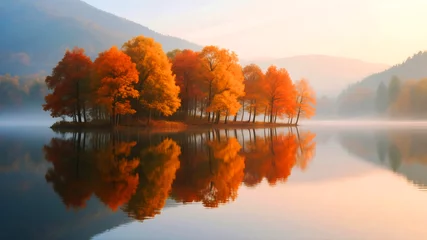 Printed kitchen splashbacks Golden autumn trees reflected in a still lake, creating a serene and misty scene