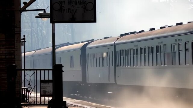 Steam Locomotive Departing Station with Smoke and Light Rays