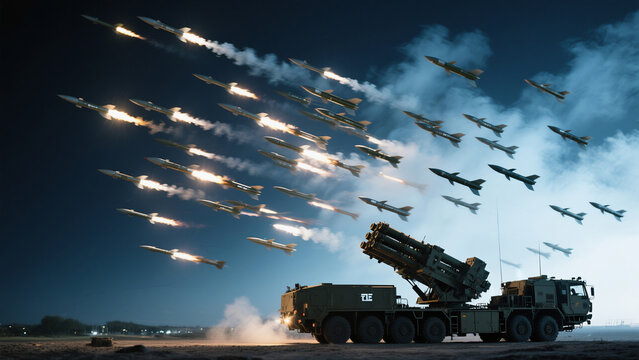 Advanced Multiple Launch Rocket System Firing Missiles into the Night Sky with Dramatic Effect