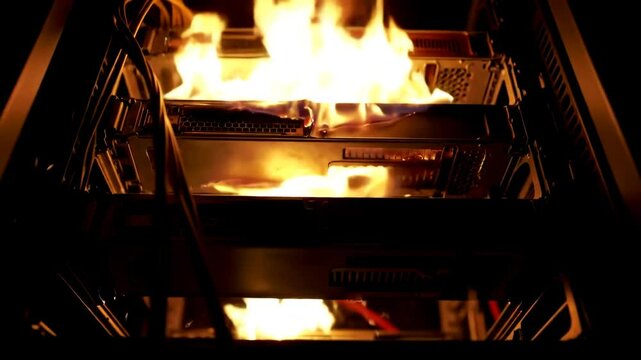 Dramatic low-angle shot of computer servers overheating and burning with intense flames in a dark data center