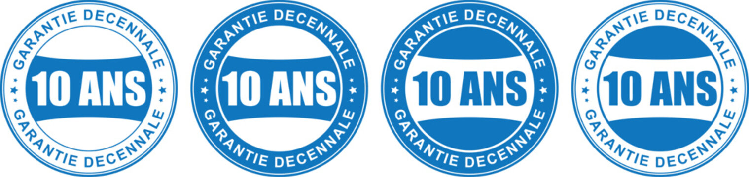blue 10 ans garantie decennale round stamp icons with bold text in flat vector graphic style	