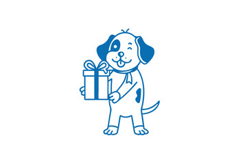 Blue line art depicts a happy dog holding a present with a cute wink