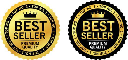 gold and black best seller premium quality badges with crown used for top ranked or featured products	
