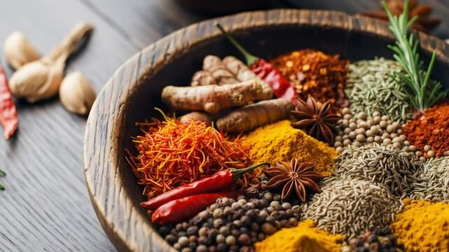 A wooden bowl filled with an assortment of colorful spices and herbs displayed in an artistic manner