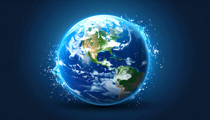 A vibrant depiction of Earth, showcasing continents and oceans, surrounded by dynamic splashes of water against a dark background