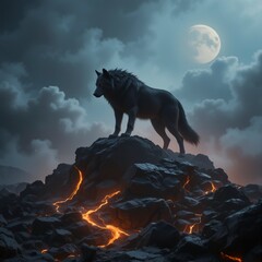  A fierce black wolf stands on volcanic rocks with glowing lava between cracks, surrounded by thick mist and fog in a dramatic, cinematic dark fantasy setting.