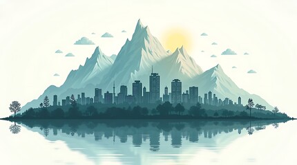 A powerful vector graphic depicts mountains becoming a city, rendered with flowing lines and a harmonious mix of nature and structures.