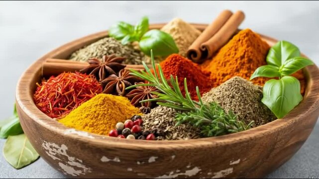 Various spices and herbs arranged in a wooden bowl including cinnamon sticks and star anise pods neatly