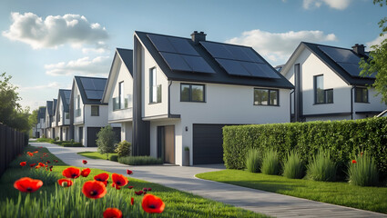 Modern single family homes near waiblingen- germany with photovoltaic systems and poppies in a green residential area. Eco-friendly home concept. Ai Generative.