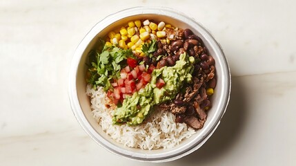 Burrito bowl with seasoned beef, corn, beans, rice, salsa, and guacamole 
