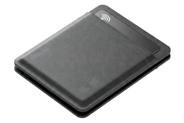 Modern black wallet with a wireless signal icon isolated on a transparent background