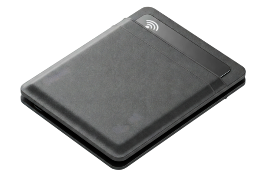 Modern black wallet with a wireless signal icon isolated on a transparent background