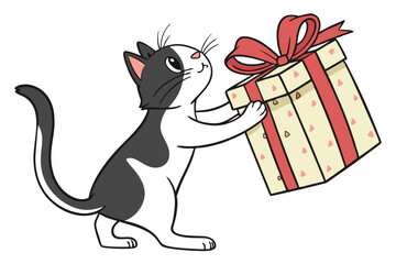 Adorable bicolor cartoon cat carefully handles a gift box with a red ribbon