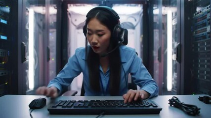 Asian woman IT engineer maintaining servers in data center environment - Powered by Adobe