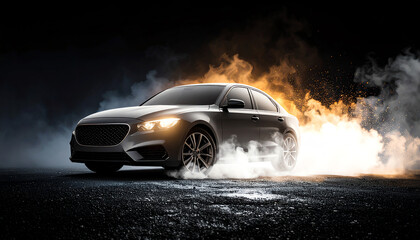 A sleek black car emerges from smoke and flames, creating a dramatic and powerful visual effect against a dark backdrop