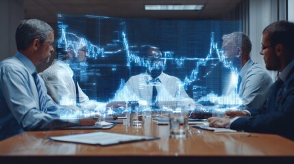 Businesspeople Analyzing Stock Market Data in Modern Conference Room with Digital Financial Graphics