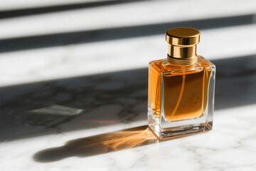 Perfume bottle with golden cap on marble surface with light stripes