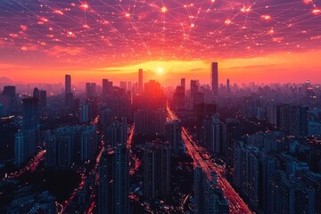 Fototapeta premium Red And Orange City Skyline At Sunset With Sparkling Lights