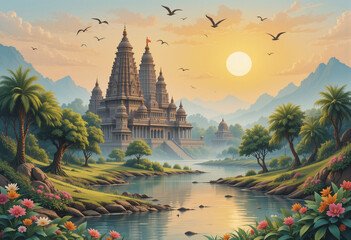 A beautiful landscape with a large palace and a river