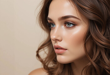 Fototapeta premium A woman with long brown hair and blue eyes is wearing makeup