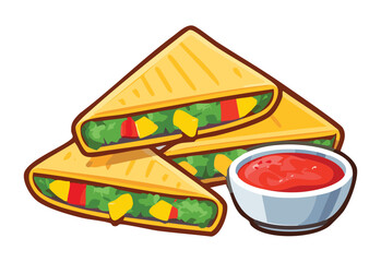 Sliced Quesadilla with Dipping Sauce - Vector Illustration