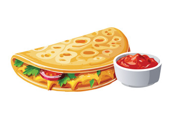 Golden Quesadilla with Dipping Sauce - Vector Illustration